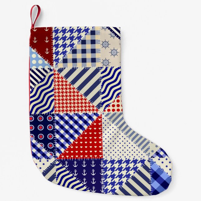 Retro Patchwork Triangles Nautical Style Small Christmas Stocking (Front)