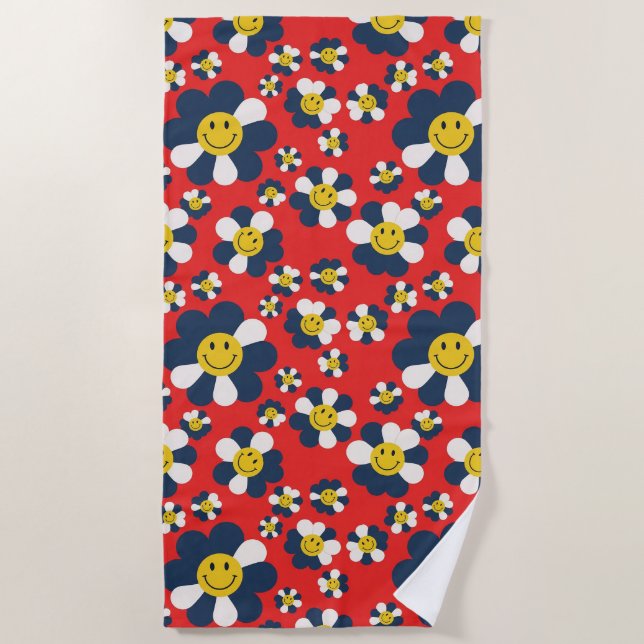 Retro Patriot Smiley Face Beach Towel (Front)