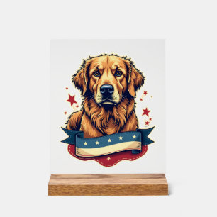 Retro Patriotic Golden Retriever Engraving Tee 4 Acrylic Sign