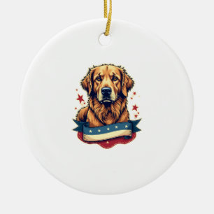 Retro Patriotic Golden Retriever Engraving Tee 4 Ceramic Tree Decoration