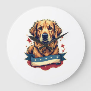 Retro Patriotic Golden Retriever Engraving Tee 4 Large Clock