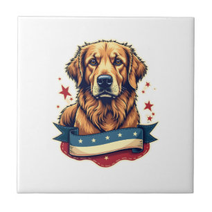 Retro Patriotic Golden Retriever Engraving Tee 4 Tile