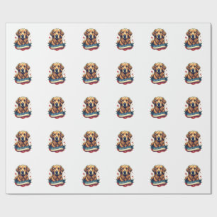 Retro Patriotic Golden Retriever Engraving Tee 4 Wrapping Paper