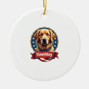 Retro Patriotic Golden Retriever Engraving Tee Ceramic Tree Decoration