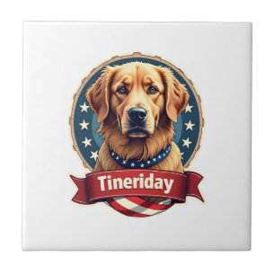 Retro Patriotic Golden Retriever Engraving Tee Tile