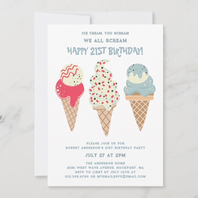 Retro Patriotic Ice Cream Cone 21st Birthday Invitation (Front)