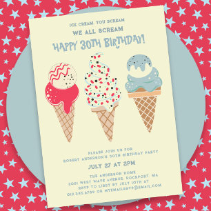 Retro Patriotic Ice Cream Cone 30th Birthday Invitation