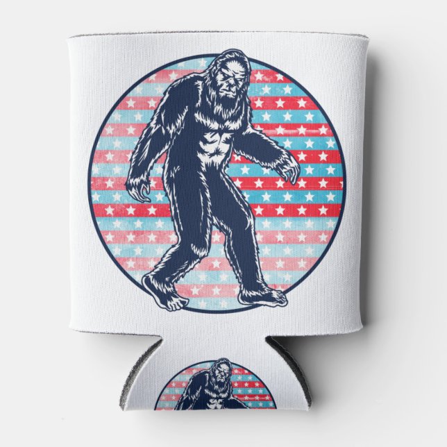 Retro Patriotic Sasquatch | 4th of July Bigfoot Can Cooler (Front)