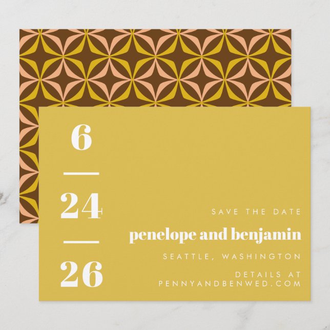 Retro Pattern Bold Typography Yellow Wedding Save The Date (Front/Back)