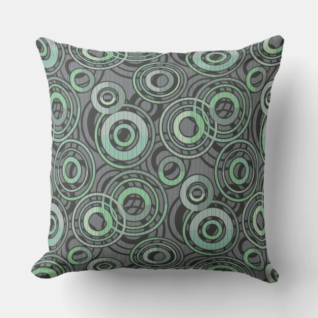 Retro pattern circles rings grey green cushion (Front)