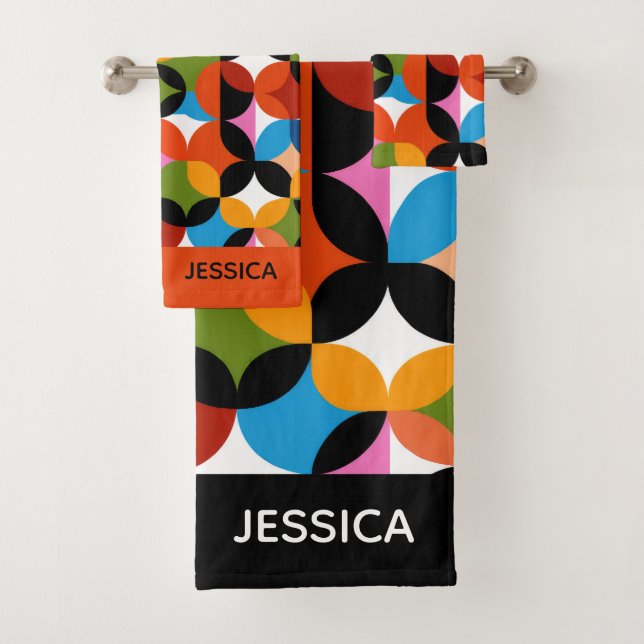 RETRO Pattern Colourful Mid Century Modern Name Bath Towel Set (Insitu)