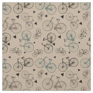 Retro Pattern Fabric Grey Bicycles Print On Tan