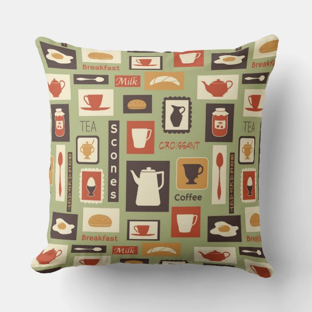 Retro pattern with kitchen dishes for breakfast cushion (Front)