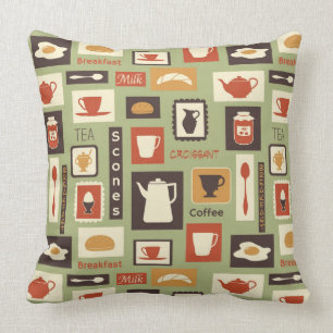 Retro pattern with kitchen dishes for breakfast cushion