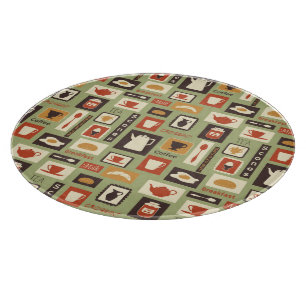 Retro pattern with kitchen dishes for breakfast cutting board