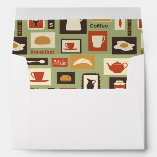 Retro pattern with kitchen dishes for breakfast envelopes