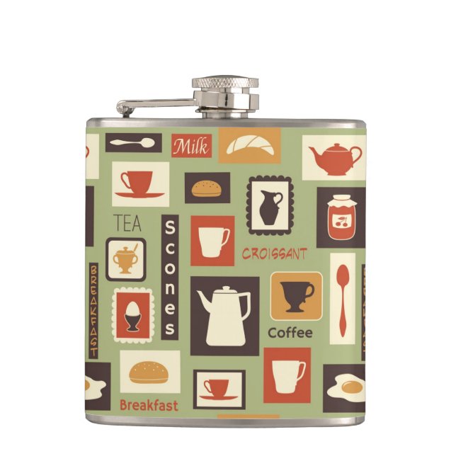 Retro pattern with kitchen dishes for breakfast hip flask (Front)