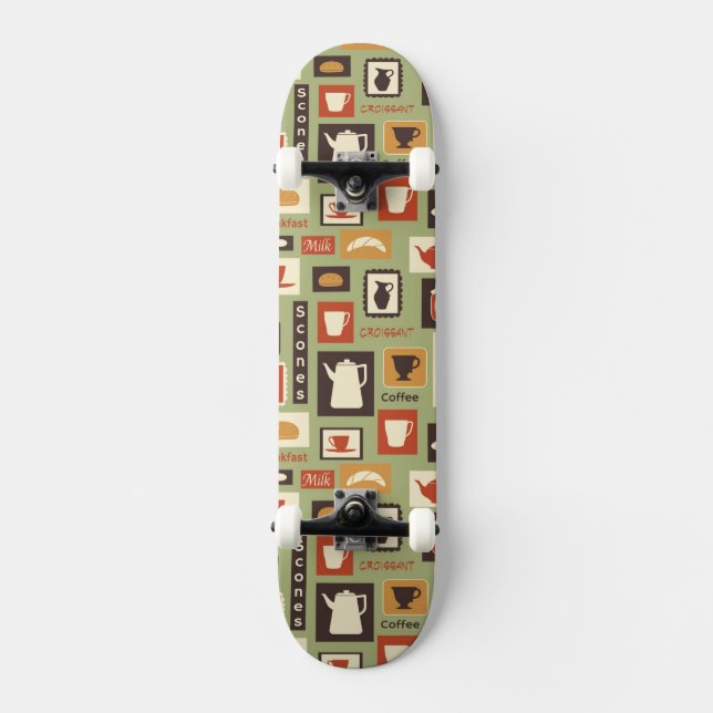 Retro pattern with kitchen dishes for breakfast skateboard (Front)