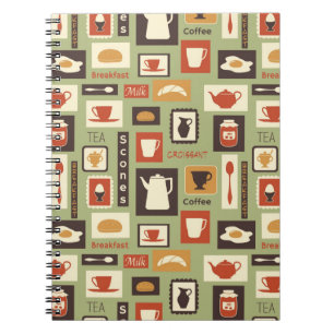 Retro pattern with kitchen dishes for breakfast spiral notebook