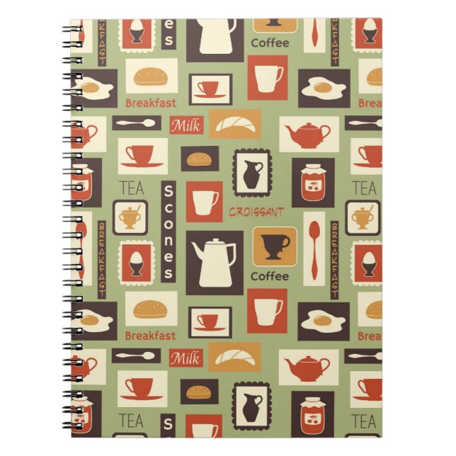 Retro pattern with kitchen dishes for breakfast spiral notebook (Front)