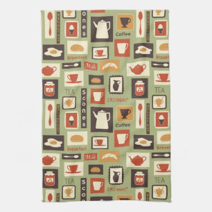 Retro pattern with kitchen dishes for breakfast tea towel