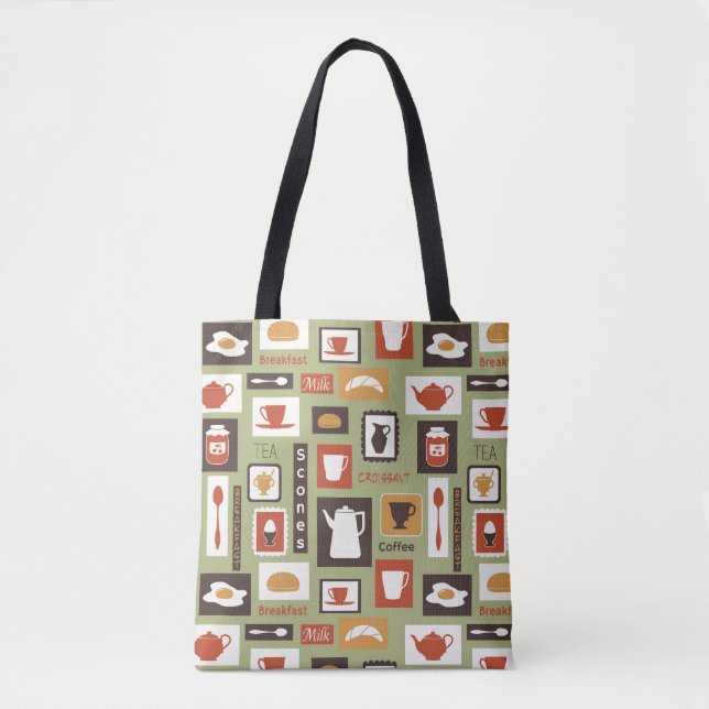Retro pattern with kitchen dishes for breakfast tote bag (Front)