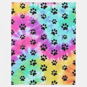 Retro Paw Print Rainbow Tie Dye Fleece Blanket