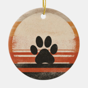Retro Paw Sunset – Vintage Pet Lover Art Ceramic Tree Decoration