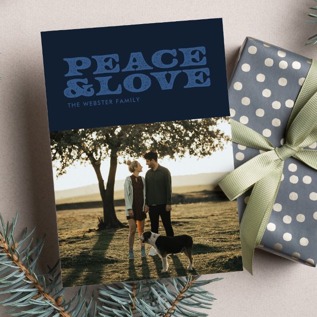 Retro peace and love navy blue one photo Christmas Holiday Card (Creator Uploaded)