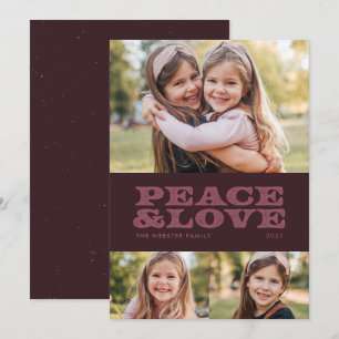Retro peace and love plum three photo holiday card