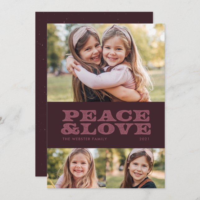 Retro peace and love plum three photo holiday card (Front/Back)