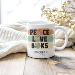 Retro Peace LOVE Books Custom Name Coffee Mug<br><div class="desc">Embrace your love for reading with our Retro Peace LOVE Books Custom Name Coffee Mug. This playful and vibrant mug features a retro design that celebrates the joy of books, with the words "Peace, " "LOVE, " and "Books" displayed in bold, groovy fonts. Surrounding the text are classic retro elements...</div>