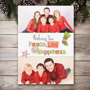 Retro Peace Love Double Photo Christmas Flat Card