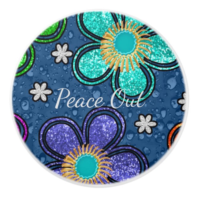 Retro Peace Out Hippie Style Flower Power Pattern Ceramic Knob (Front)