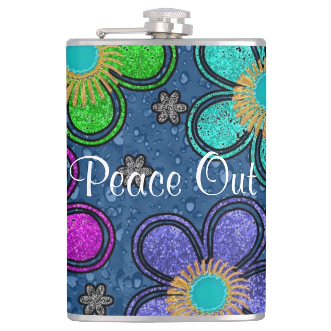 Retro Peace Out Hippie Style Flower Power Pattern Hip Flask (Front)