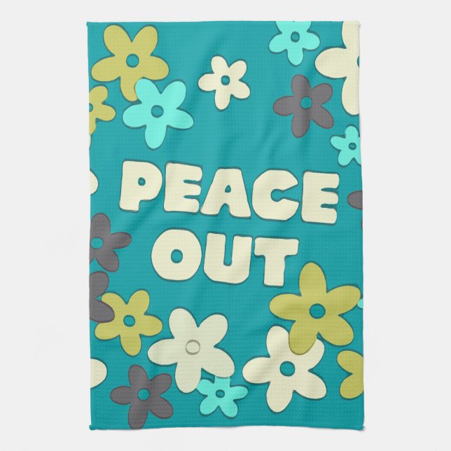 Retro Peace Out Quote Hippie Flowers Tea Towel (Vertical)