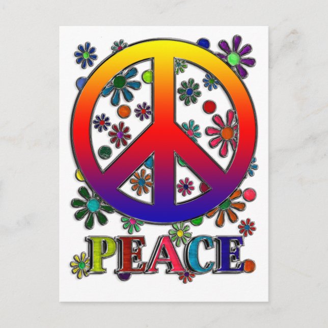 Retro Peace Sign & Flowers Postcard (Front)