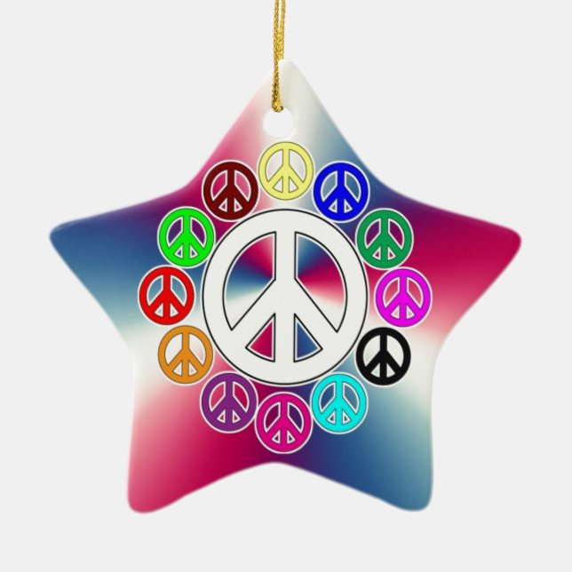 retro peace signs ceramic tree decoration (Front)