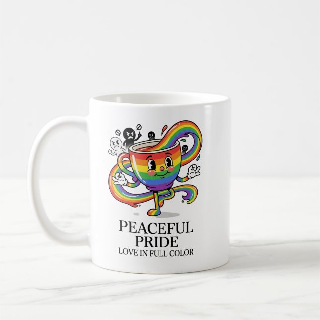 Retro Peaceful Pride Rainbow Coffee Cup T-Shirt (Left)