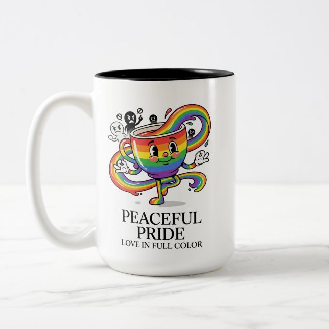 Retro Peaceful Pride Rainbow Coffee Cup T-Shirt (Left)