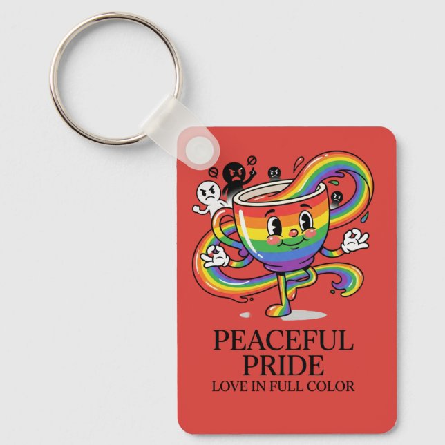Retro Peaceful Pride Rainbow Coffee Cup T-Shirt Key Ring (Front)