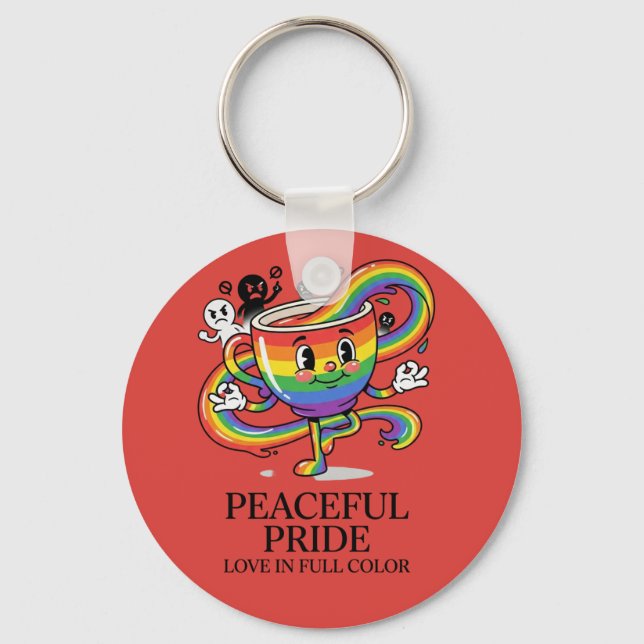 Retro Peaceful Pride Rainbow Coffee Cup T-Shirt Key Ring (Front)