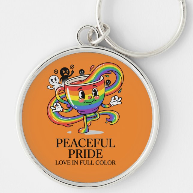 Retro Peaceful Pride Rainbow Coffee Cup T-Shirt Key Ring (Front)