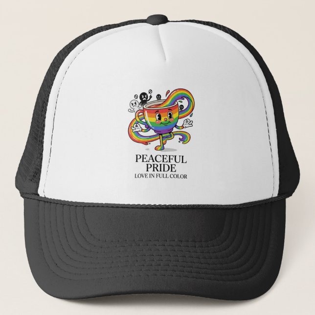 Retro Peaceful Pride Rainbow Coffee Cup T-Shirt Trucker Hat (Front)