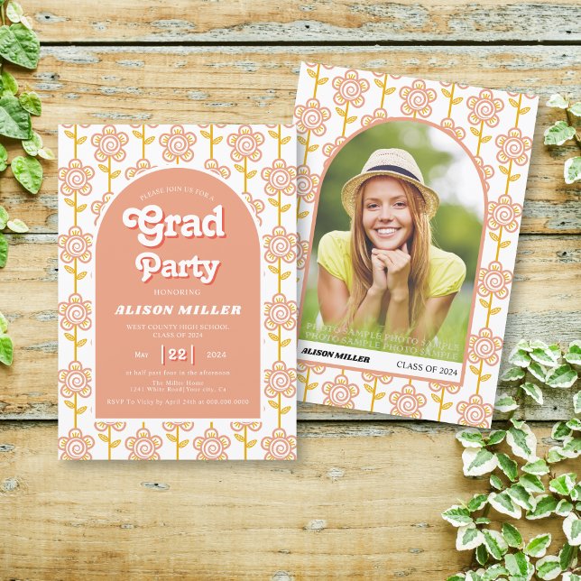Retro peach and yellow flowers 70s Graduation Invitation (Creator Uploaded)