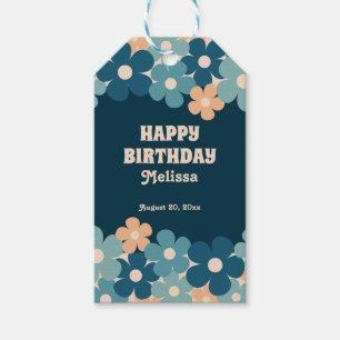 Retro Peach Dark Green Boho Flower 40th Birthday  Gift Tags