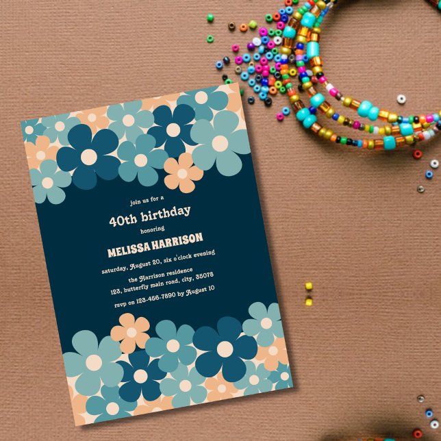 Retro Peach Dark Green Boho Flower 40th Birthday Invitation (Creator Uploaded)