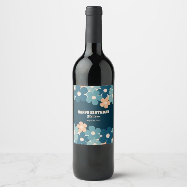 Retro Peach Dark Green Boho Flower 40th Birthday  Wine Label (Front)