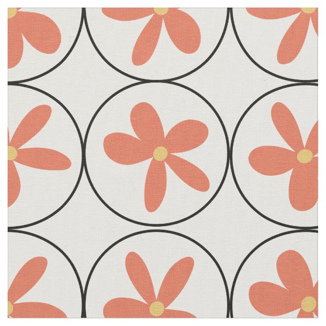 Retro Peach Floral Tile - Combed Cotton Fabric (Close Up)
