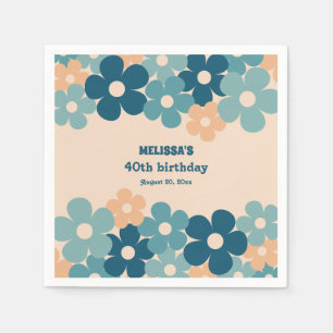 Retro Peach Green Boho Flower 40th Birthday  Napkin